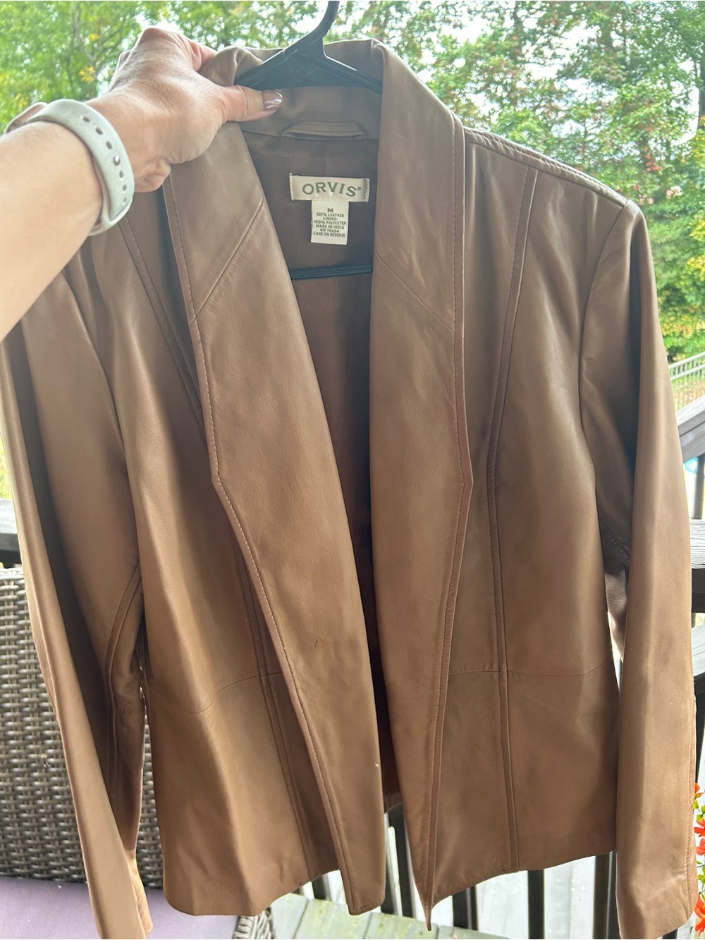 Orvis Tan Brown Leather Open-Front Blazer Jacket